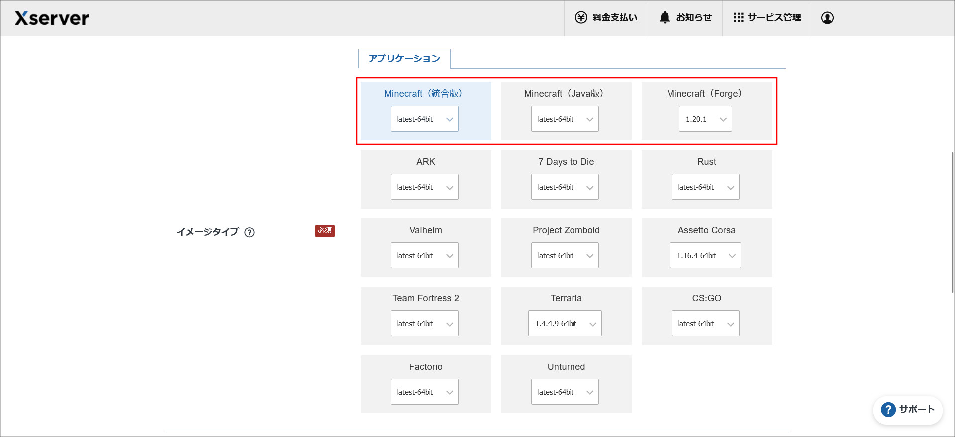 Xserver for Gameの申し込み画面