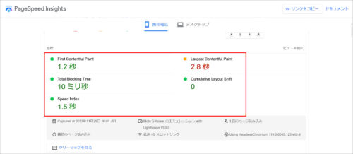 PageSpeed Insightsでの検証結果