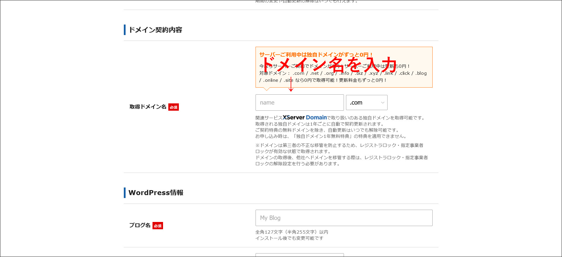 ドメイン名の入力