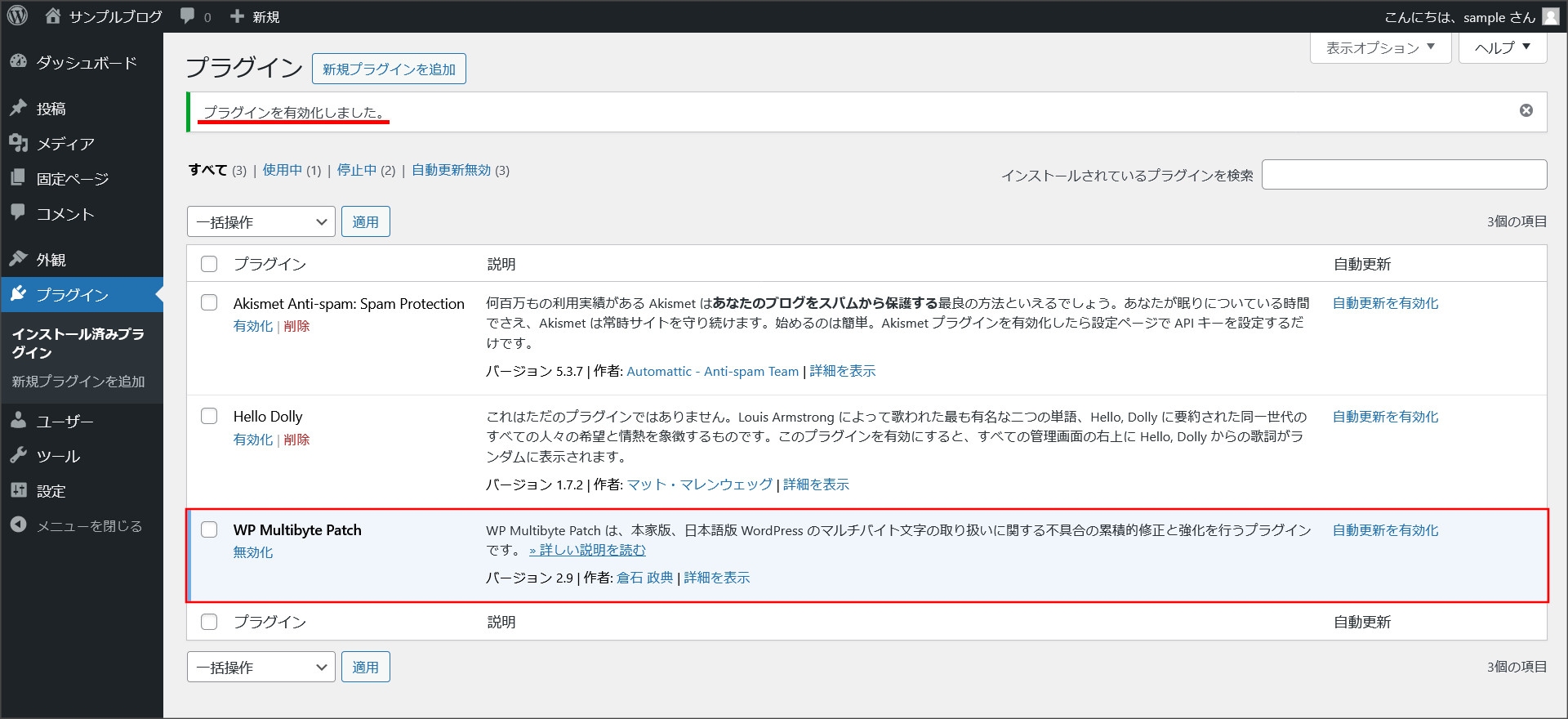 WP Multibyte Patchのインストール完了