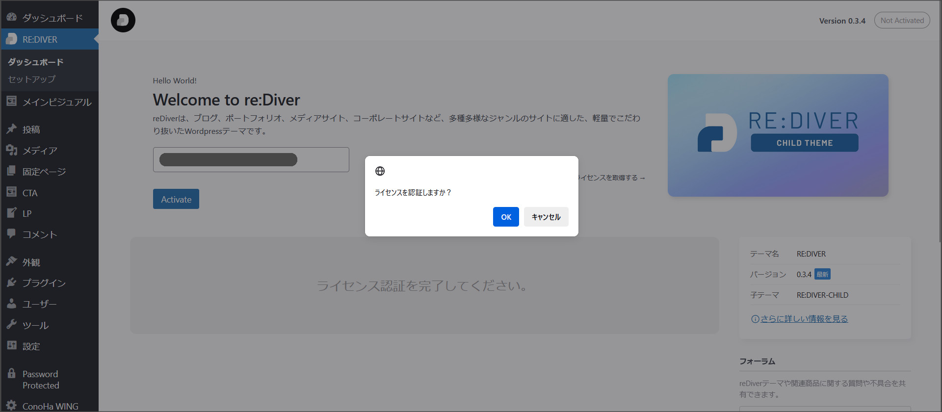 RE:DIVERのライセンス認証を実施