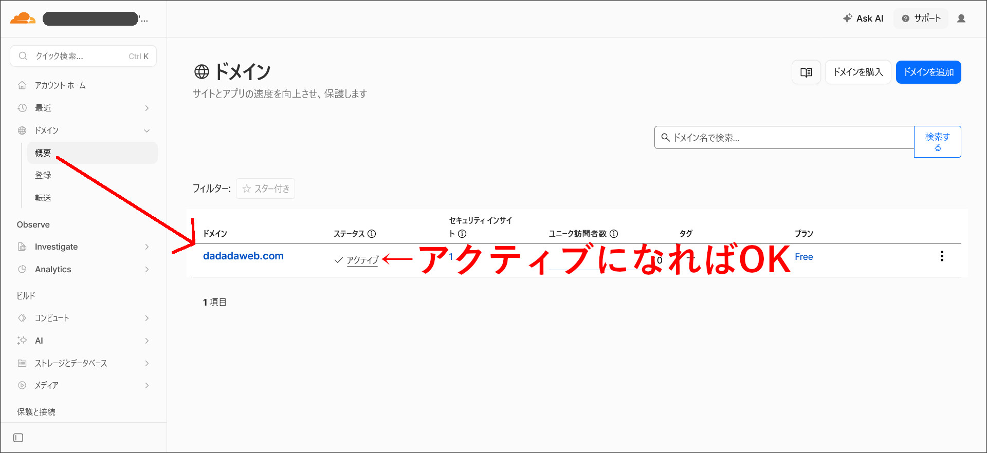 ドメインの概要画面